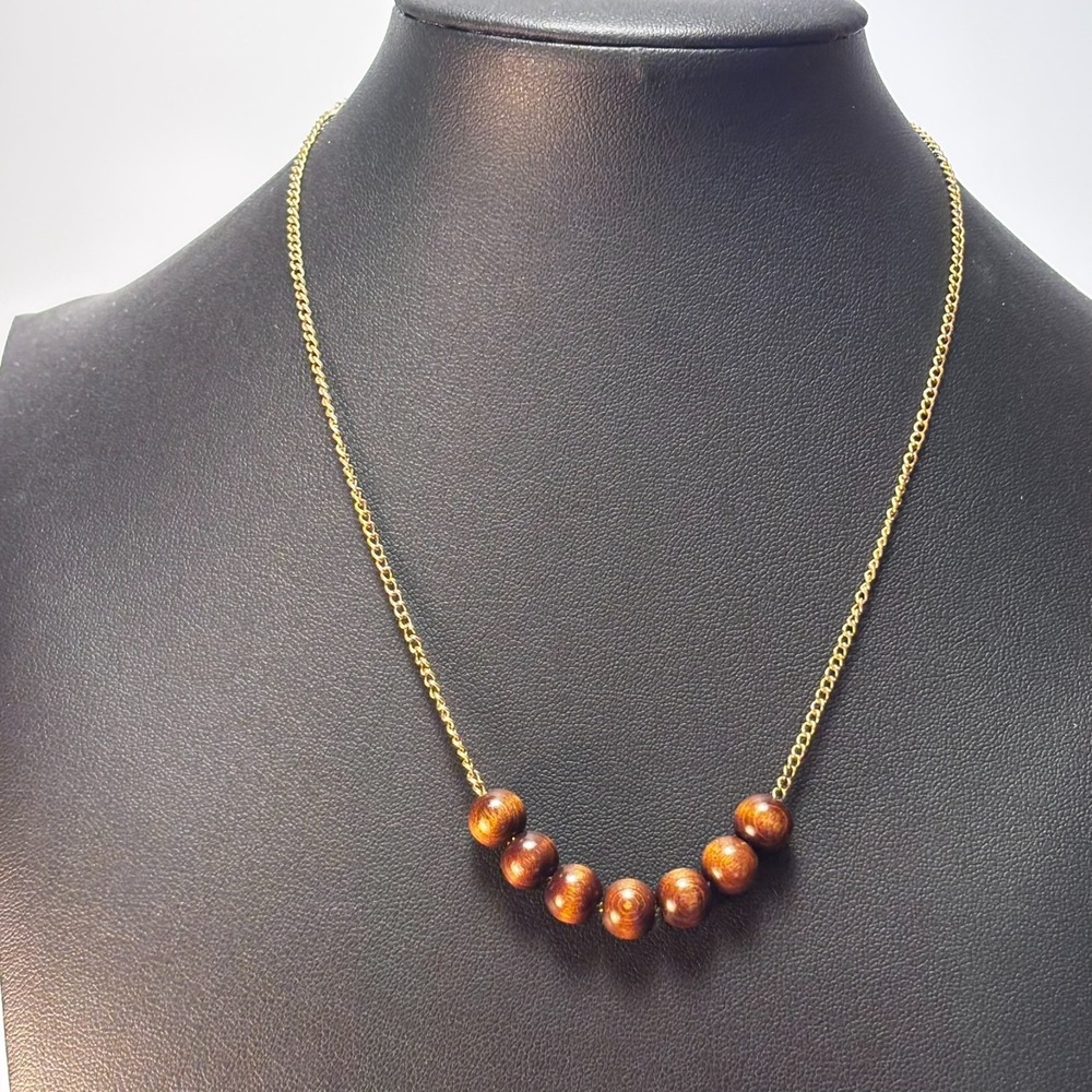 Emmons Necklace Brown‎ Wood Bead Gold Tone Curb Chain Vintage Boho